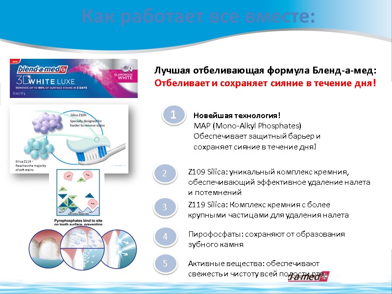 Как работает все вместе: Лучшая отбеливающая формула Бленд-а-мед: Отбеливает и сохраняет сияние в течение